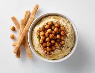 Creamy hummus in a bowl, topped with roasted chickpeas and served with crispy breadsticks