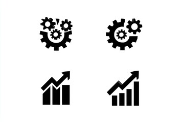 Four black icons. Two depict interlocking gears, two depict upward-trending bar graphs