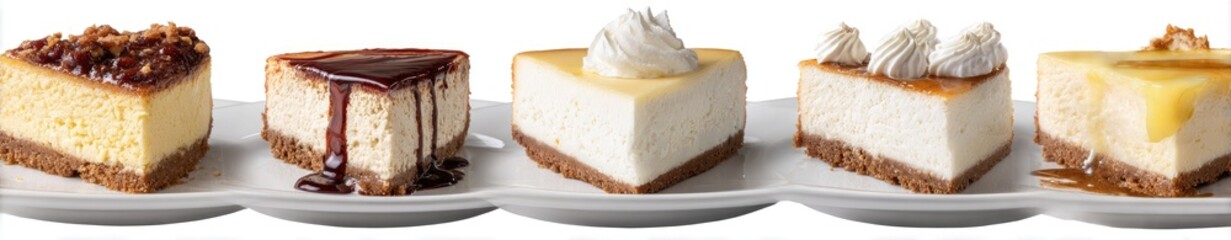 Four different slices of cheesecake on white plates