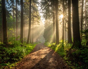 Obraz premium Sunbeams in a misty forest path