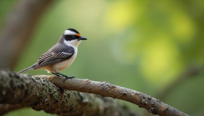 Small bird with striking black, white, orange markings perched on textured tree branch. Soft bokeh background in vibrant green hues. Natural light illuminates avian detailed plumage, sharp beak.