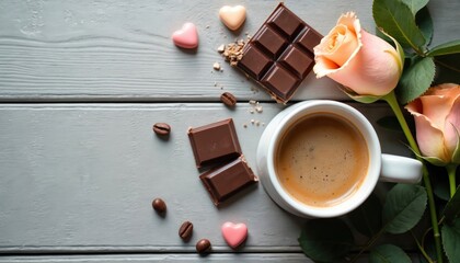 Cozy arrangement of coffee cup, artisan chocolate, roses on rustic wooden table. Creates romantic, warm, inviting mood for relaxation, indulgence. Perfect for lifestyle, celebration, relationship
