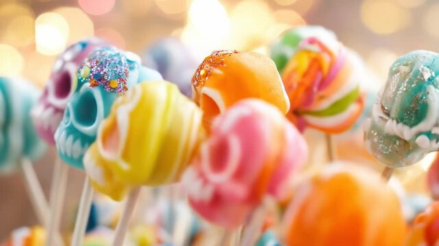 Colorful glitter skull candy lollipops against bokeh lights for festive celebrations