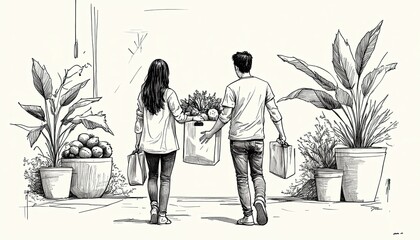 Couple Walking Together with Grocery Bags Surrounded by Indoor Plants in Sketch Style Art