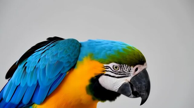 Close-up of a vibrant blue and yellow parrot's wing and head feathers