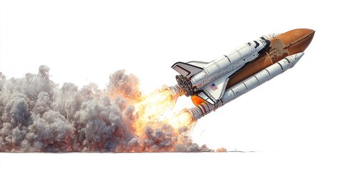 Space shuttle launching, plumes of smoke and fire