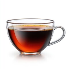 Clear glass teacup filled with dark amber liquid