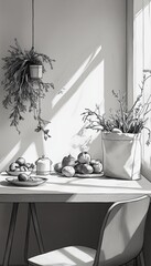 A Minimalist Kitchen Still Life with Fresh Fruits, Herbs, and Natural Light Casting Shadows on the Simple Table Setting