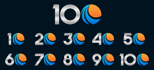 Set of collection numbers 10 to 100 with global finance element vector illustration. Global finance element with numbers 10, 20, 30, 40, 50, 60, 70, 80, 90, 100 for greetings, anniversary and more.	