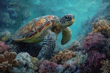 Fototapeta premium Exploring vibrant coral reef ecosystems with a sea turtle gracefully swimming through colorful marine life