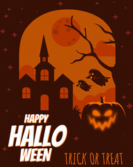 Halloween design with haunted house silhouette, glowing pumpkin, flying ghosts, and eerie tree under orange moon. Perfect for spooky posters, web banners, and party invitations.
