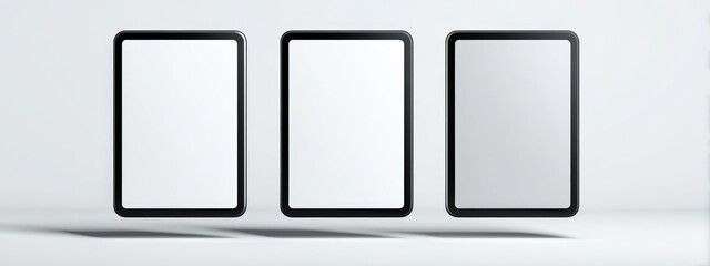 Three blank, black-framed tablets float on a white background