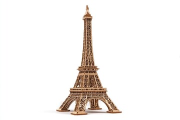 Detailed wooden Eiffel Tower model, light beige color, on white background