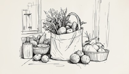 Hand-drawn illustration of a rustic kitchen scene featuring a basket filled with fresh vegetables, fruits, herbs, and kitchen items on a wooden table