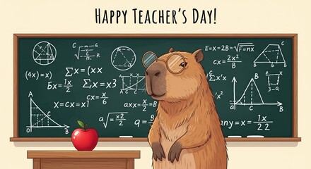 Capybara teacher stands in front of a chalkboard celebrating Teacher's Day with math concepts and an apple on the desk