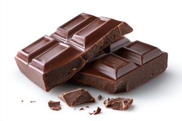 Two dark chocolate bars, broken, with pieces scattered