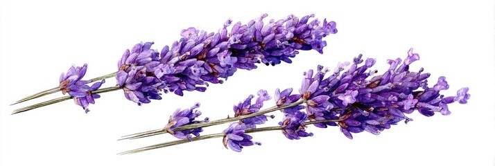 Close-up of two sprigs of lavender against a white background.  Lavender flowers in clusters are  shown in vibrant purple hues.  Stems and delicate leaves are visible