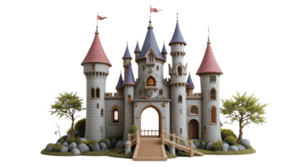 Medieval stone architecture features an ancient Russian fairy tale castle with a tower and dome against the sky