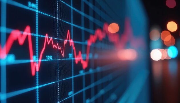 Financial chart displays stock market trends with volatile red line graph against blue grid. Abstract bokeh lights suggest urban environment, nighttime trading. - Powered by Adobe