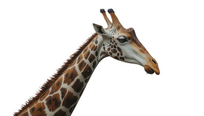 Naklejka premium Cute brown spotted giraffe with a long neck and big head in a portrait style, isolated on a white background for wildlife and zoo content