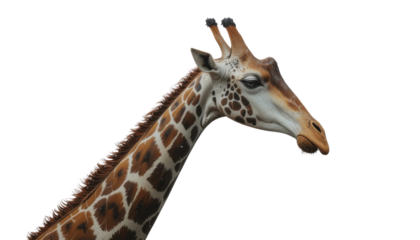 Cute brown spotted giraffe with a long neck and big head in a portrait style, isolated on a white background for wildlife and zoo content