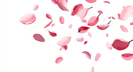 Delicate pink flower petals gently falling against a white background