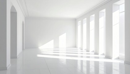 Fototapeta premium A sunlit, minimalist interior space showcases polished white tiles and tall windows, casting elegant shadows on the floor.