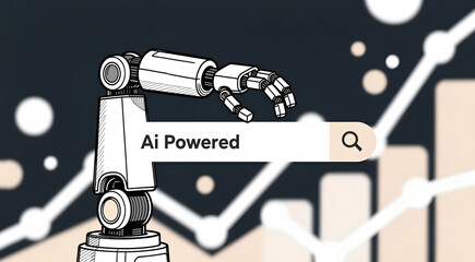 Braccio robotico con barra di ricerca basata su intelligenza artificiale su sfondo astratto a tema tecnologico - illustrazione grafica