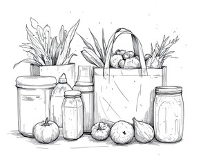 Fresh Produce and Groceries in Stylish Sketch including Vegetables, Fruits, and Jars Arranged Beautifully on a White Background for Art Lovers
