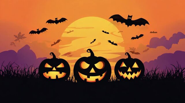Halloween Night with Glowing Jack O Lanterns and Flying Bats at Sunset