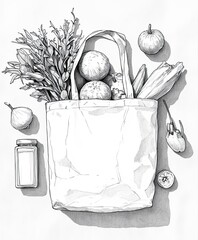 Hand-drawn sketch of a grocery bag filled with fresh fruits, vegetables, and spices on a light background showcasing healthy lifestyle and meal preparation