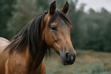 Brown horse stands majestically against a natural backdrop in a serene and tranquil environment showcasing its beauty and grace in the early morning light