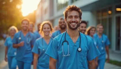 Smiling male nurse leads diverse healthcare team outdoors near hospital. Medical professionals in blue scrubs, confident, cooperative. Sunlight illuminates group working together in daytime clinic