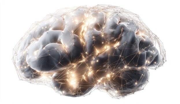 3D model of a brain, network of connections, and glowing points.  A detailed, stylized representation of a human brain, depicted as a gray, sculpted form. - Powered by Adobe