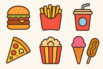 Colorful Fast Food Icons – Vibrant Vector Set of Burgers, Fries, Drinks & Snack Symbols for Menus & Apps
