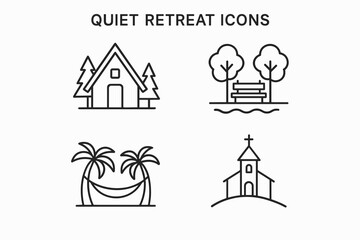 Quiet Retreats Icons – Serene Vector Set of Nature Lodges, Mindfulness Spaces & Peaceful Getaway Symbols