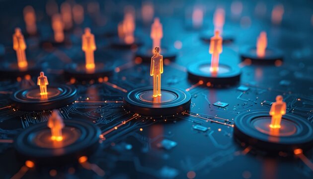 Abstract network concept shows glowing human figures connected on digital circuit board. Silhouettes represent teamwork, human resources, business collaboration in modern, interconnected world. Focus