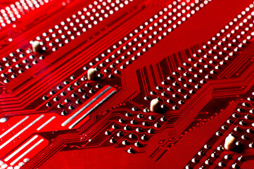 Microcircuits of electronic computers, macro. Technology of the future close-up. Macro photography of a computer motherboard. Shallow depth of field