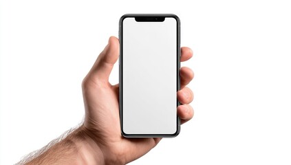 Close-up of a hand holding a modern smartphone against a white background. The phone's screen is blank, displaying a white background.  The phone is dark gray.  The hand is light-toned
