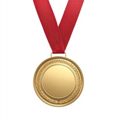 Gold medal with red ribbon.  A golden, round medal hangs from a red ribbon.  The medal has a simple design, with a plain gold center and an embossed border. The ribbon is smooth and symmetrical