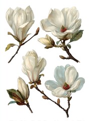 Four detailed magnolia blossoms in various stages of bloom, set against a white background.  Each blossom is rendered with delicate shading and subtle color variations.