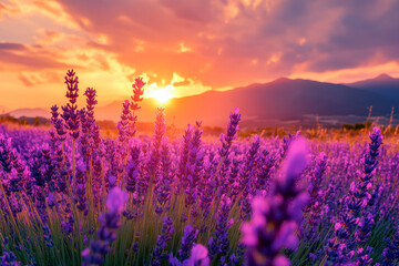 Fototapeta premium Golden Sunset Over a Field of Vibrant Lavender Flowers in the Mountains
