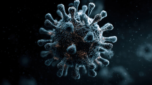 Microscopic depiction of a virus. Detailed 3d render of a virus cell on a dark background, highlighting the structure and potential danger.