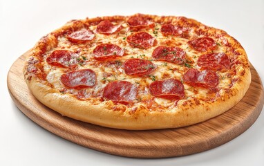 A whole pepperoni pizza on a wooden board, against a white background.  Fresh, delicious, and ready to eat