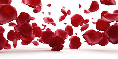 Red rose petals in mid-air, a flurry of delicate beauty