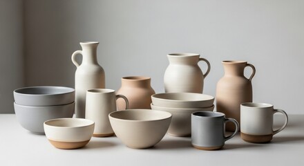 A collection of handcrafted ceramic pottery including bowls, mugs, and pitchers in earthy, neutral tones.