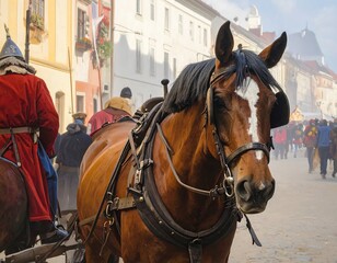 Obraz premium Historical reenactment parade with harnessed horses in a medieval townscape
