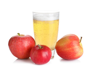 Tasty cider in glass and fresh apples isolated on white