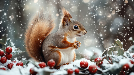 Obraz premium Cute Squirrel with Fluffy Tail Sitting in Snowy Winter Landscape Surrounded by Red Berries