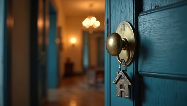 Golden door handle with house-shaped keychain attached, new home investment, homeownership. Open teal door blurred interior with warm lights, representing fresh start, new beginnings.